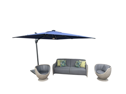 Meteor 3 seater sofa and two swivel chairs outdoor lounge set with cushions and parasol for patio garden seating