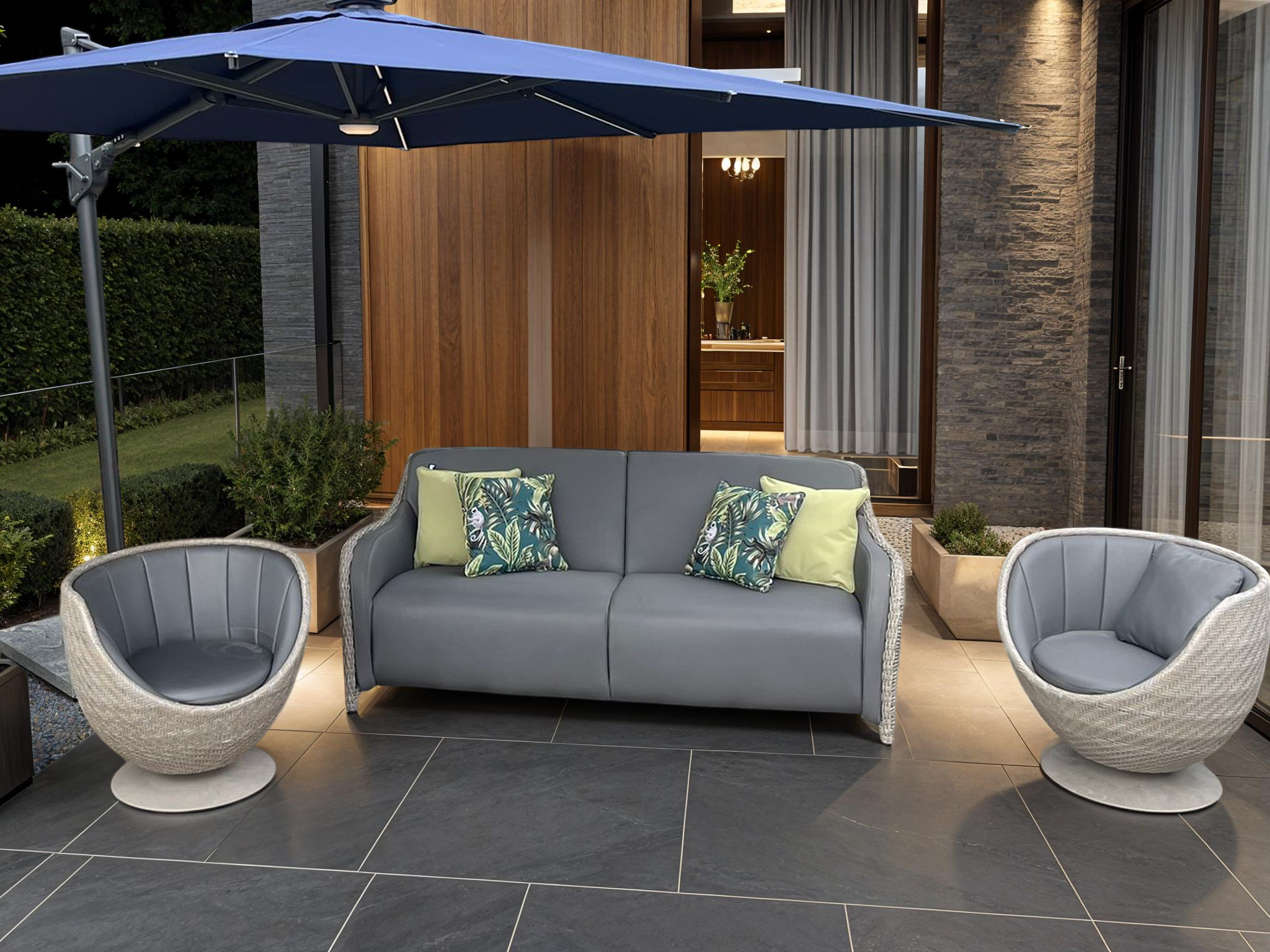 Meteor 3 seater sofa and two swivel chairs garden lounge set on modern patio with weather-resistant marine grade rattan weave