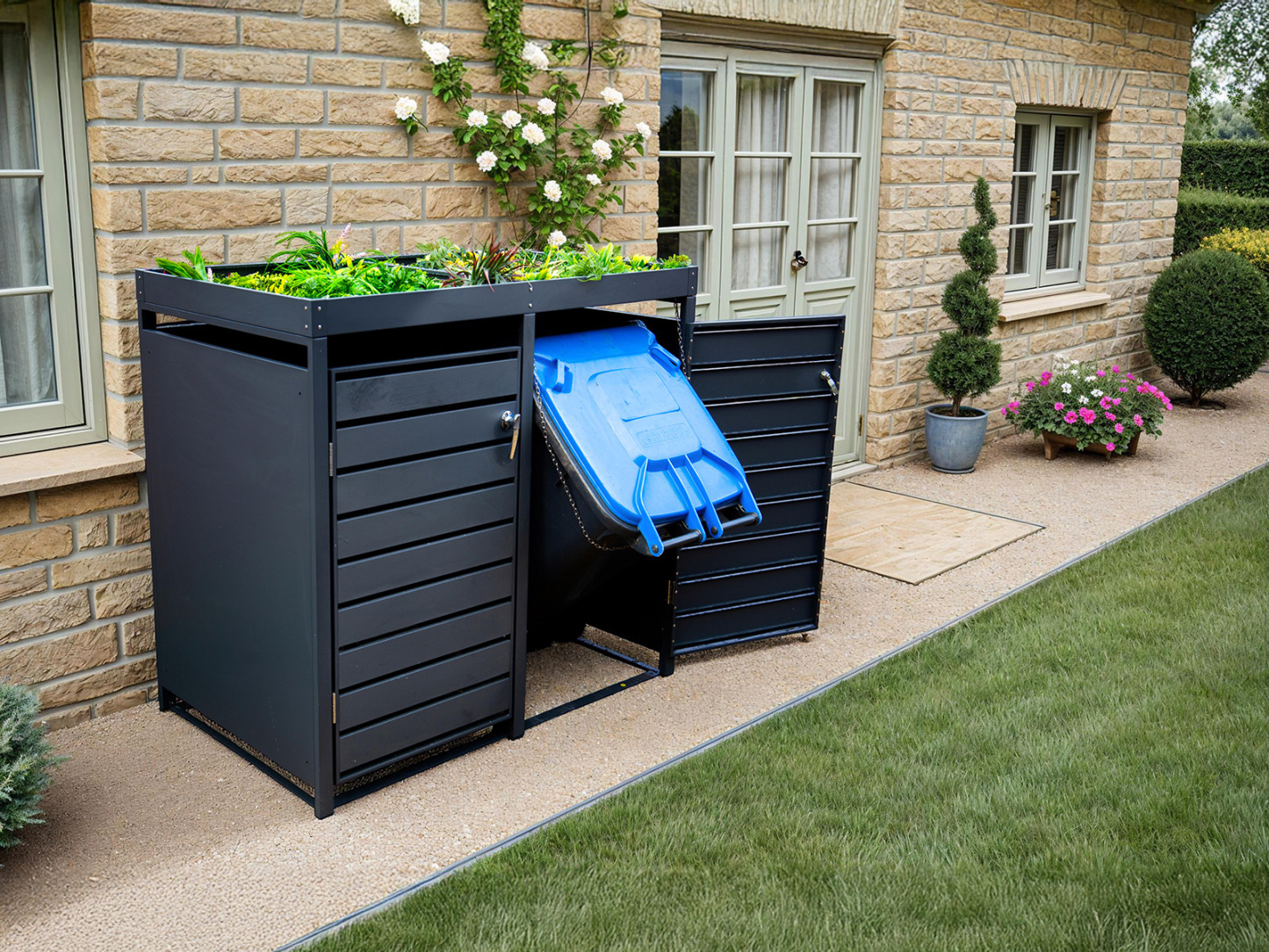 Anthracite Galvanized Steel Wheelie Bin Cover with Planter | Double