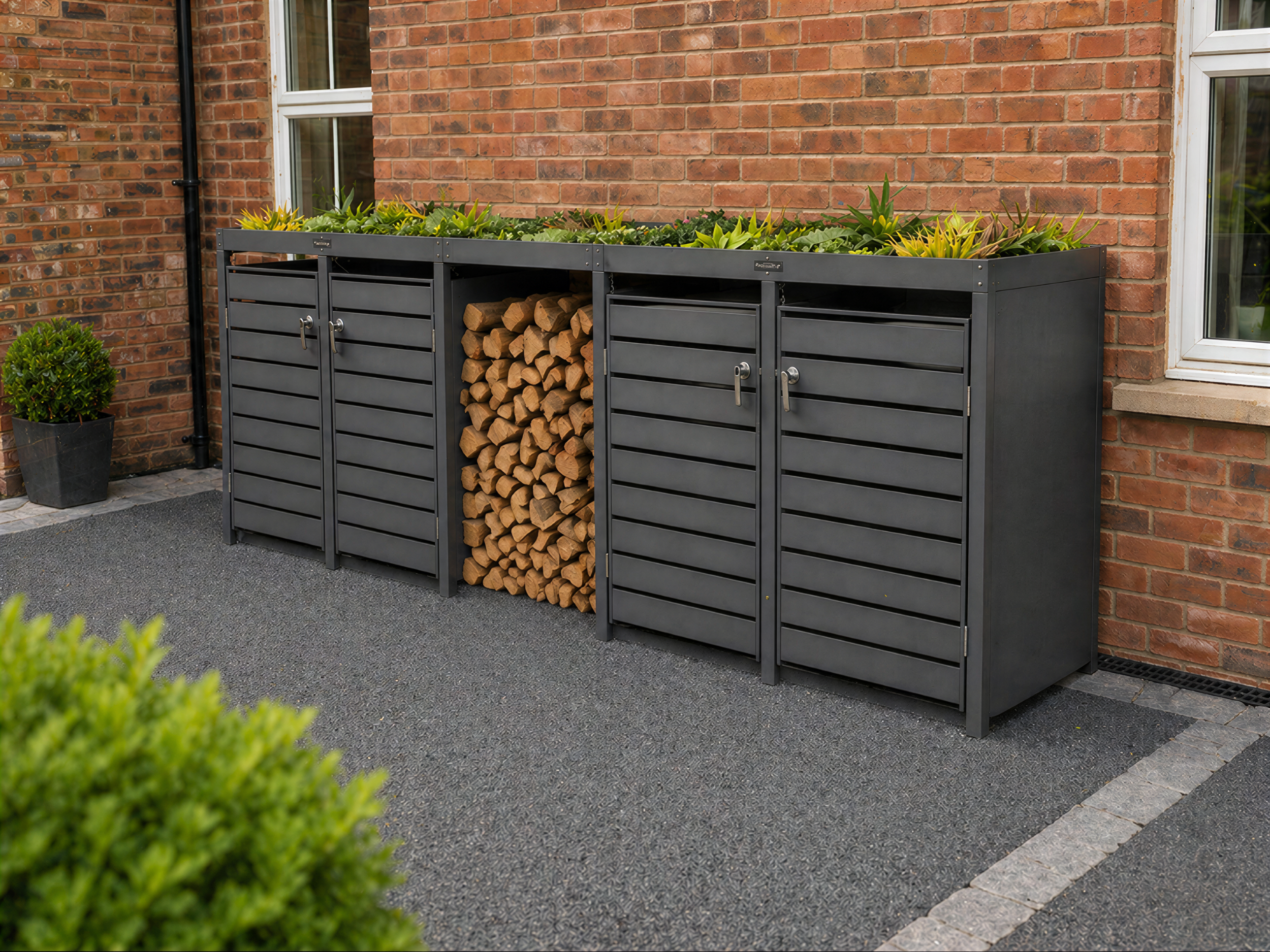 Anthracite Galvanised Steel Wheelie Bin Storage Quad | Planter Log Store