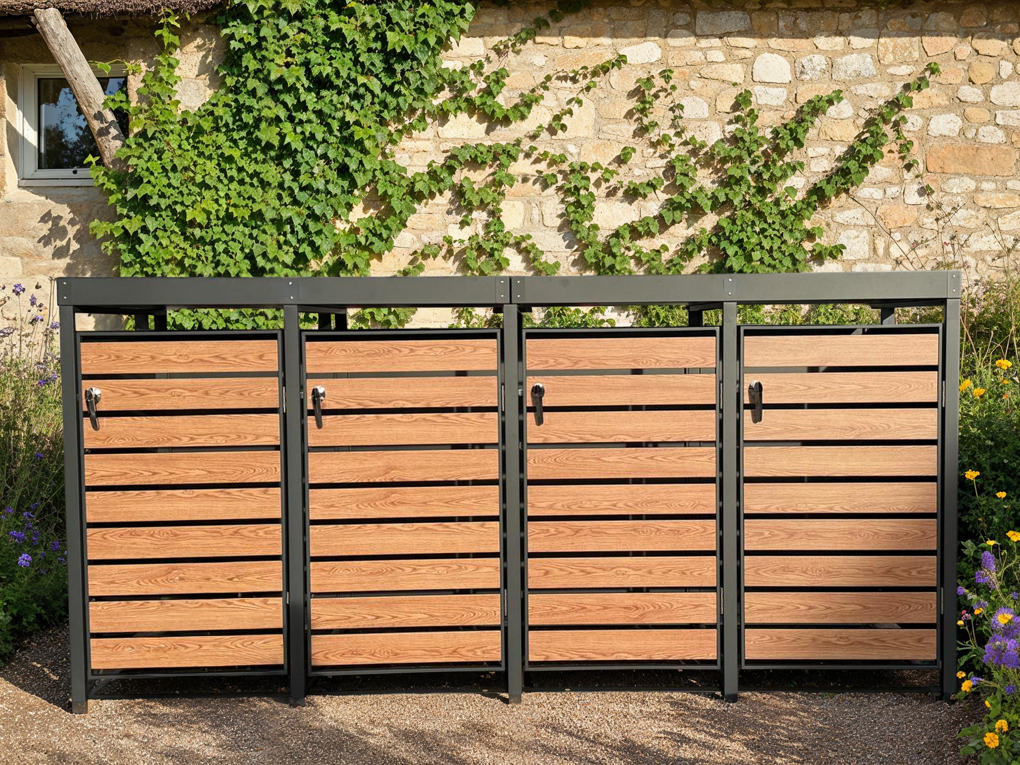 Galvanized Steel Wheelie Bin Cover Wood Effect With Planter | Quad Set