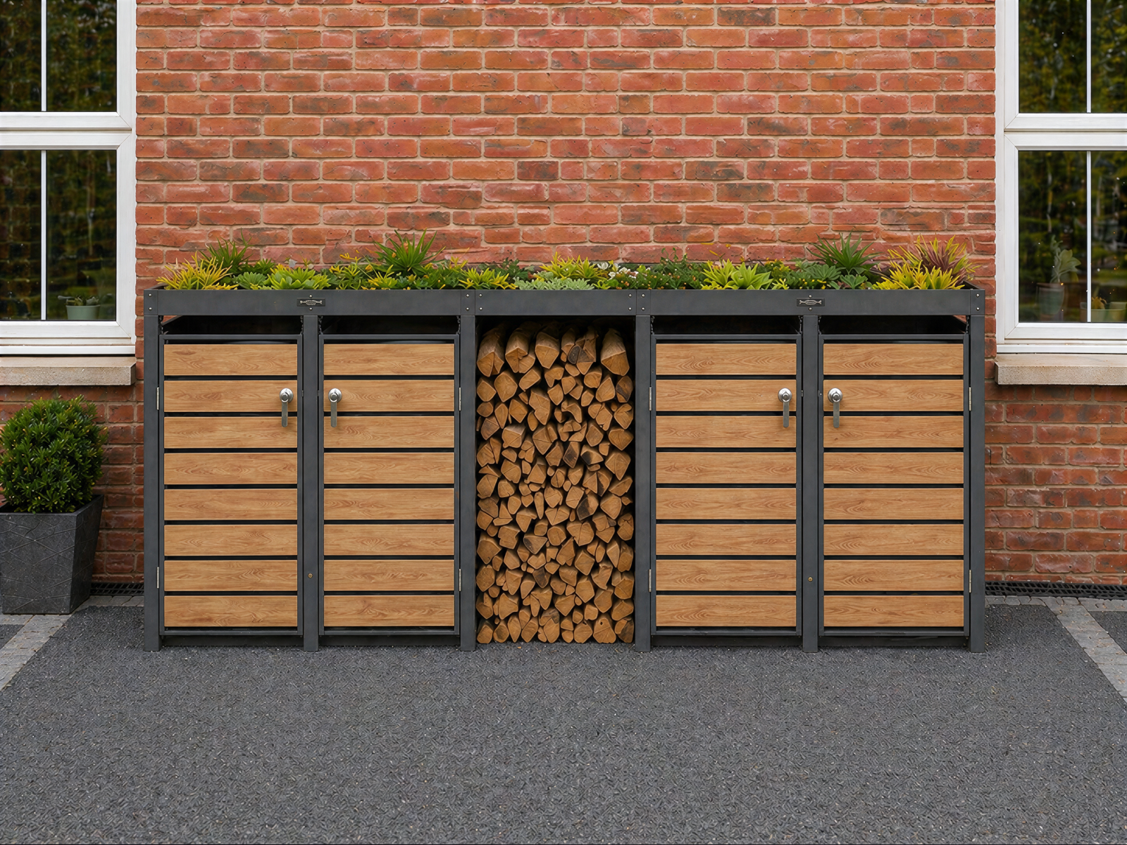 Wood Effect Galvanised Steel Wheelie Bin Storage Quad | Planter Log Store