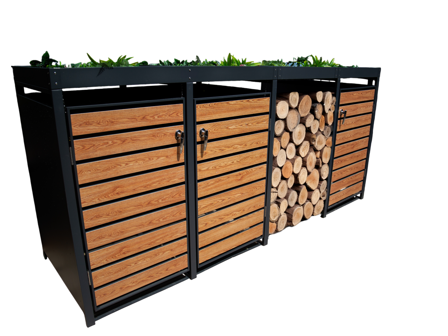 Wood Effect Galvanised Steel Wheelie Bin Storage Trio