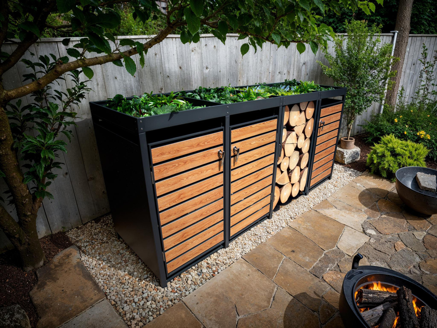 Wood Effect Galvanised Steel Wheelie Bin Storage Trio