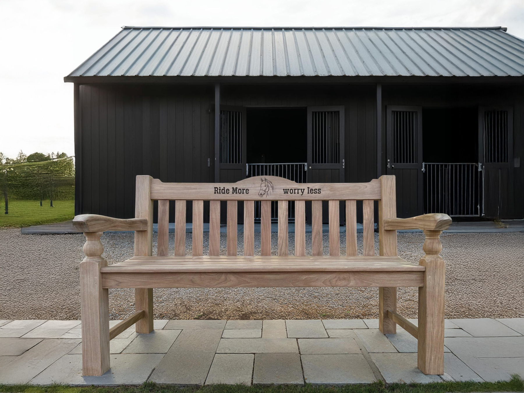 Windsor Horse Engraved Teak Bench-Garden Furniture Centre-MidInstock,instock,MidRange,Memorial Benches,Teak Benches,Benches-{collection_title}