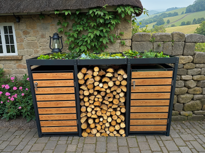 Triple garden storage unit combining wheelie bin cupboards and central log store with planter top