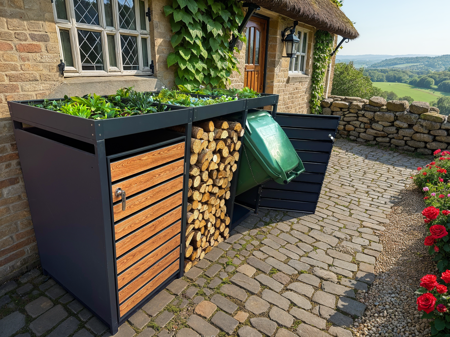 Outdoor wheelie bin storage and log store with opening bin door, wood-effect panels and metal frame