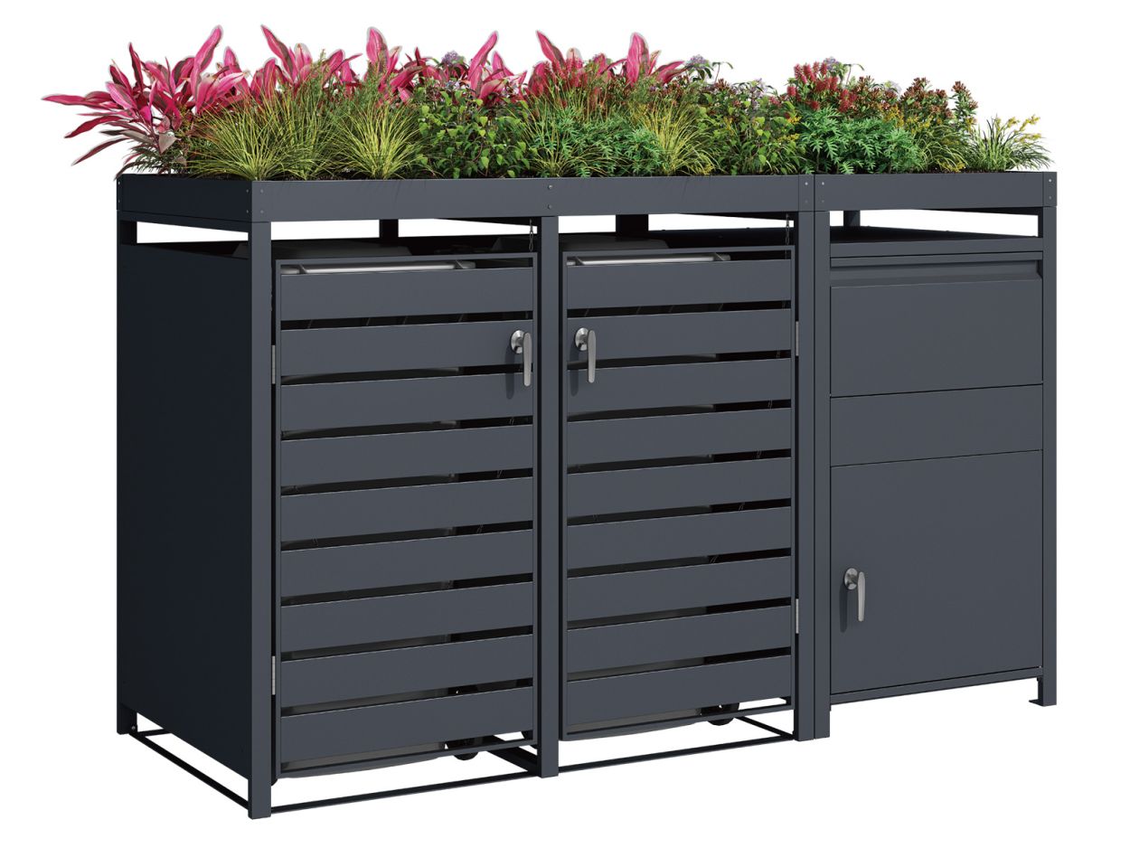 Anthracite Double Wheelie Bin Cover and Parcel Box | Planter