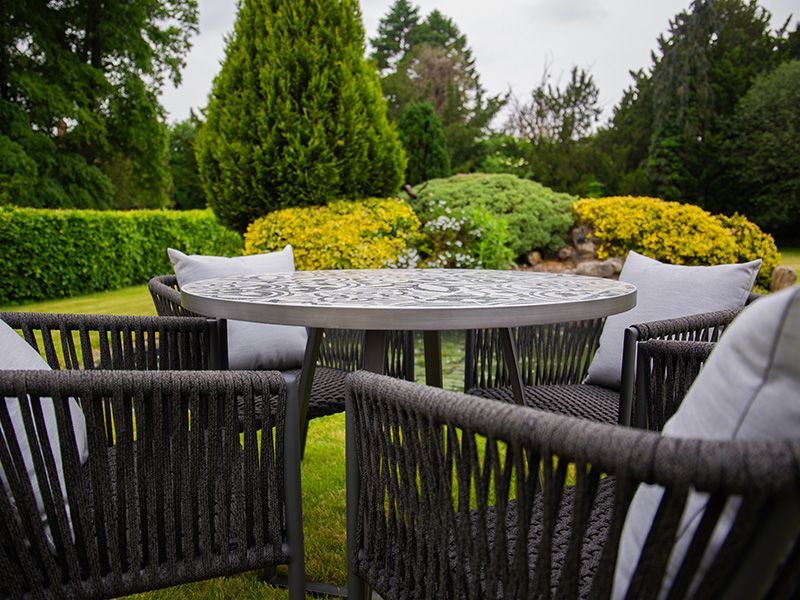 Terrazzo Bistro Table and 4 Aruba Dining Chairs Set-Garden Furniture Centre-HighRange,Metal,Tables,Dining Set,Outdoor Furniture,Metal Furniture,Outdoor Dining-{collection_title}