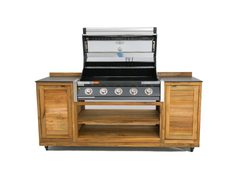 Modular Bari outdoor kitchen BBQ trolley with built-in Beefeater grill and teak storage cabinets