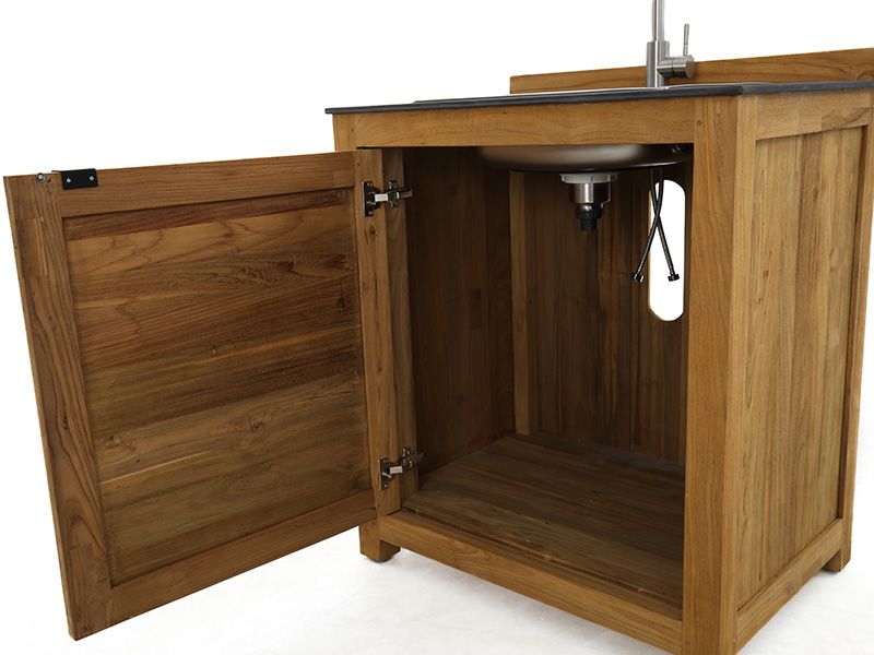 Bari teak outdoor sink cabinet with door open showing plumbing space