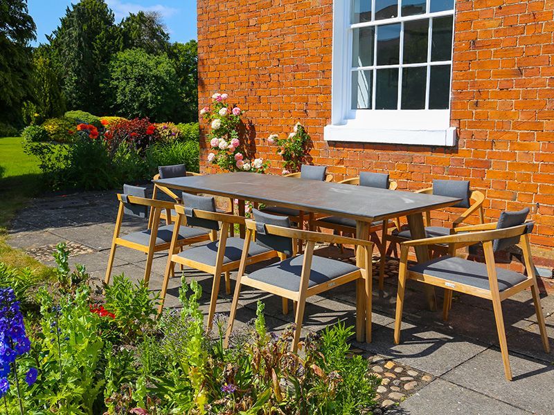 Ceramic 8 Chair Mustique Dining Set | FSC® Certified -Garden Furniture Centre-HighRange,Teak,Tables,Dining Set,Metal Furniture,Life Range,Outdoor Dining,Outdoor Furniture,Teak Garden Furniture,FSC®-{collection_title}