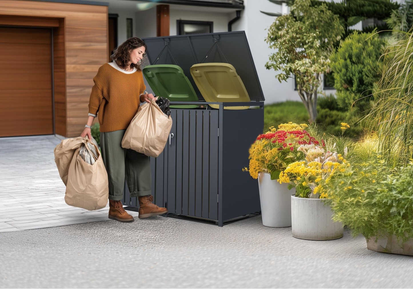 Anthracite Galvanized Steel Wheelie Bin Storage Pedal Opening | Double