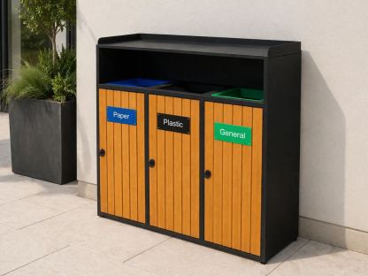 Wood Effect Galvanized Steel Outdoor Recycling Bin Station | Triple