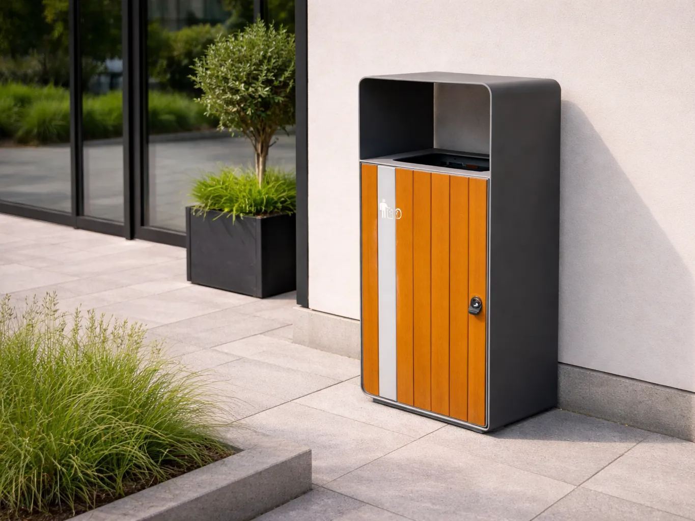 Wood Effect Galvanized Steel Outdoor Litter Bin with Hood