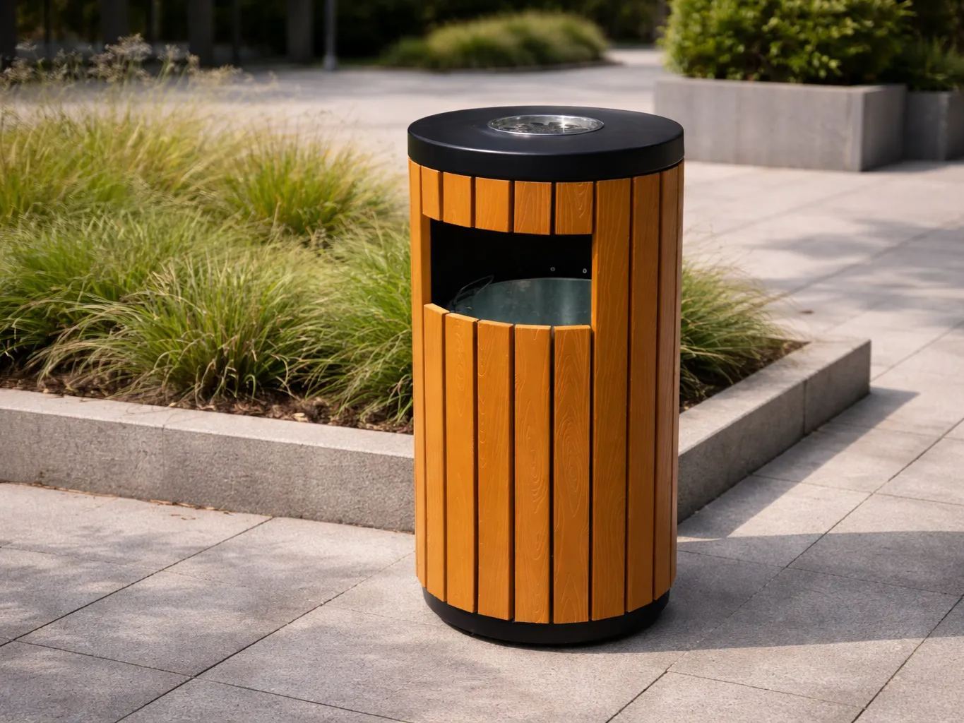 Wood Effect Galvanized Steel Open Top Litter Bin with Ashtray
