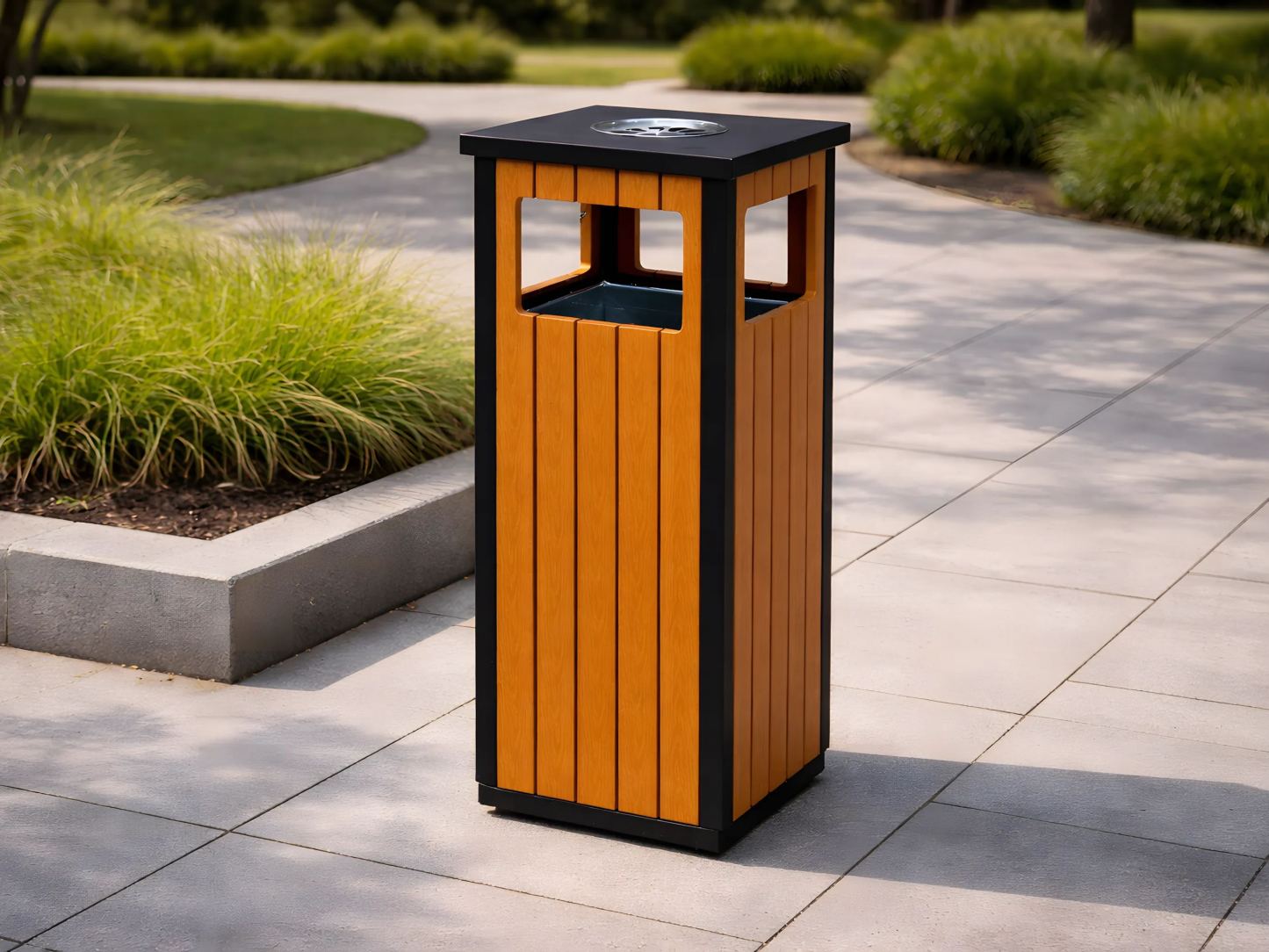 Wood Effect Galvanized Steel Outdoor Litter Bin with Ashtray & Hood