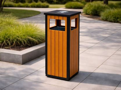 Wood Effect Galvanized Steel Outdoor Litter Bin with Ashtray & Hood
