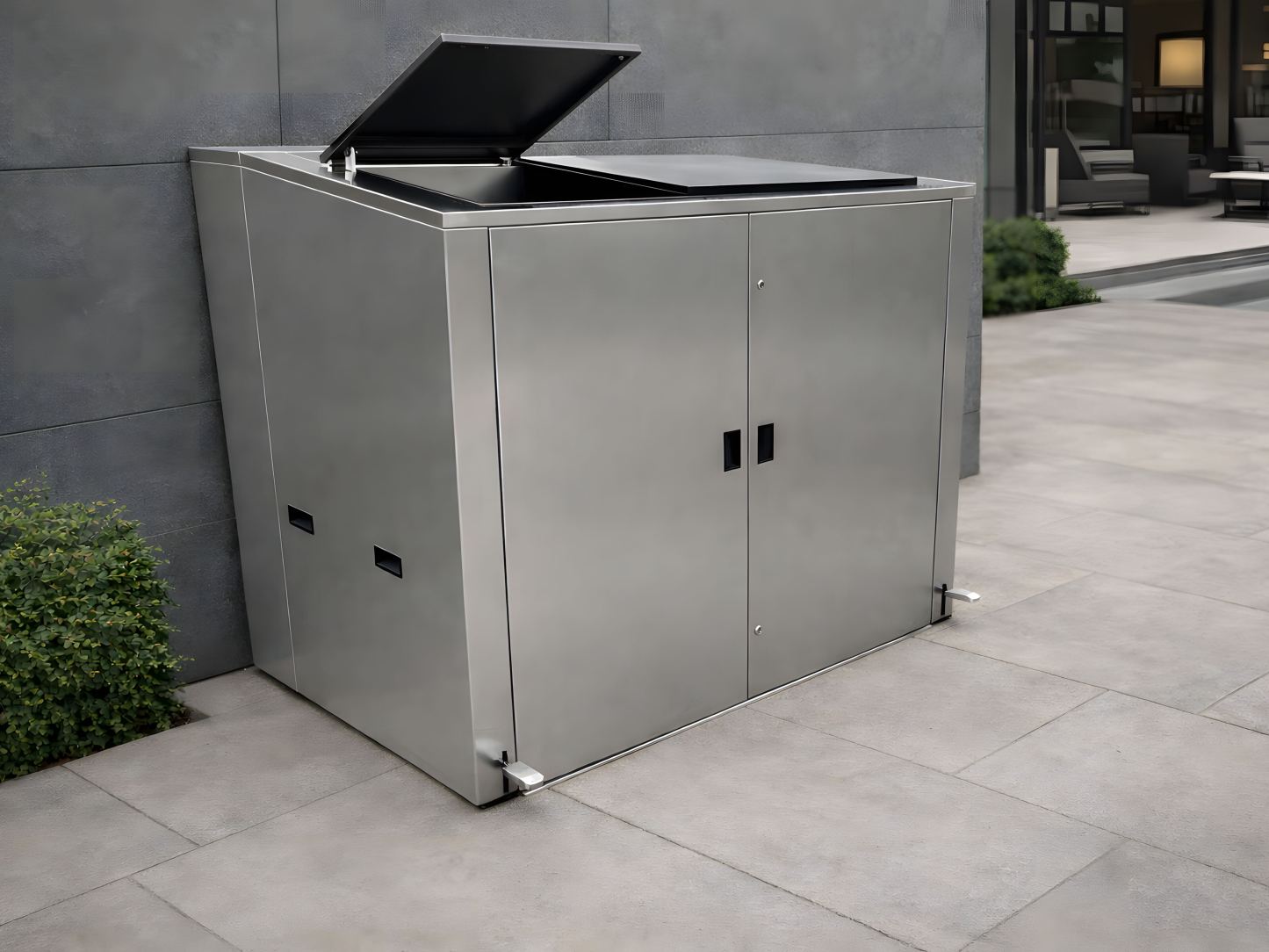 Stainless Steel Outdoor Wheelie Bin Storage Unit with Pedal Lid | 1100L