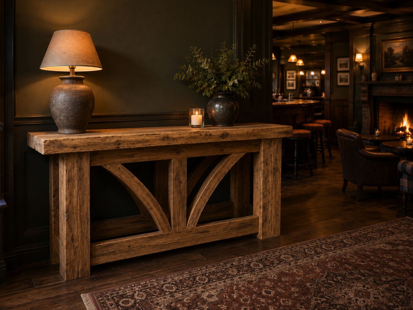 Kendal 2m teak console table styled with a lamp and vase in a warm traditional interior