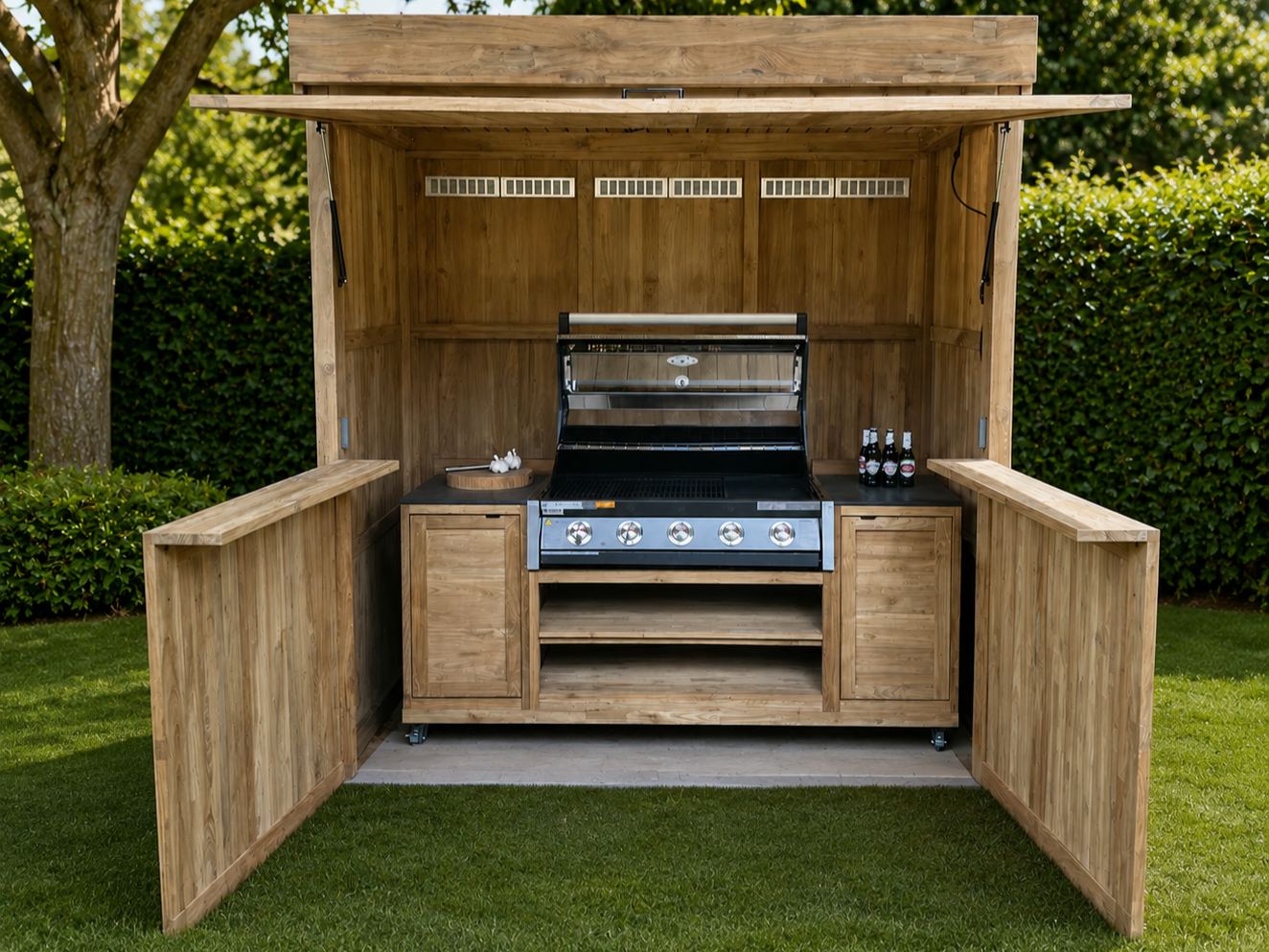 Bari Teak Kitchen Storage Cabinet with built-in BBQ, worktops and outdoor garden kitchen storage
