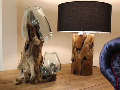 Teak Root Stand With Blown Glass Holder