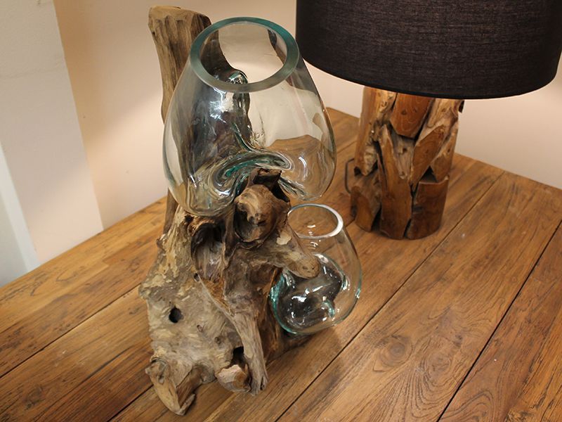 Teak Root Stand With Blown Glass Holder
