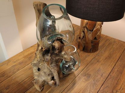 Teak Root Stand With Blown Glass Holder