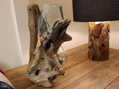 Teak Root Stand With Blown Glass Holder