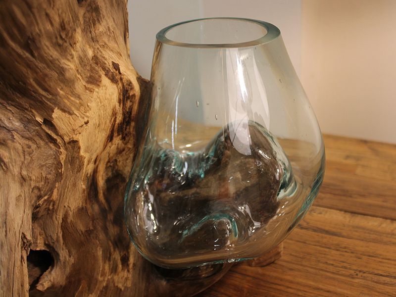 Teak Root Stand With Blown Glass Holder