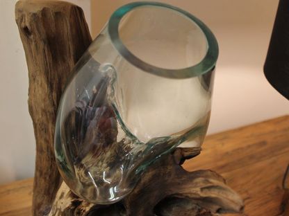 Teak Root Stand With Blown Glass Holder