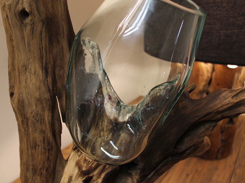 Teak Root Stand With Blown Glass Holder
