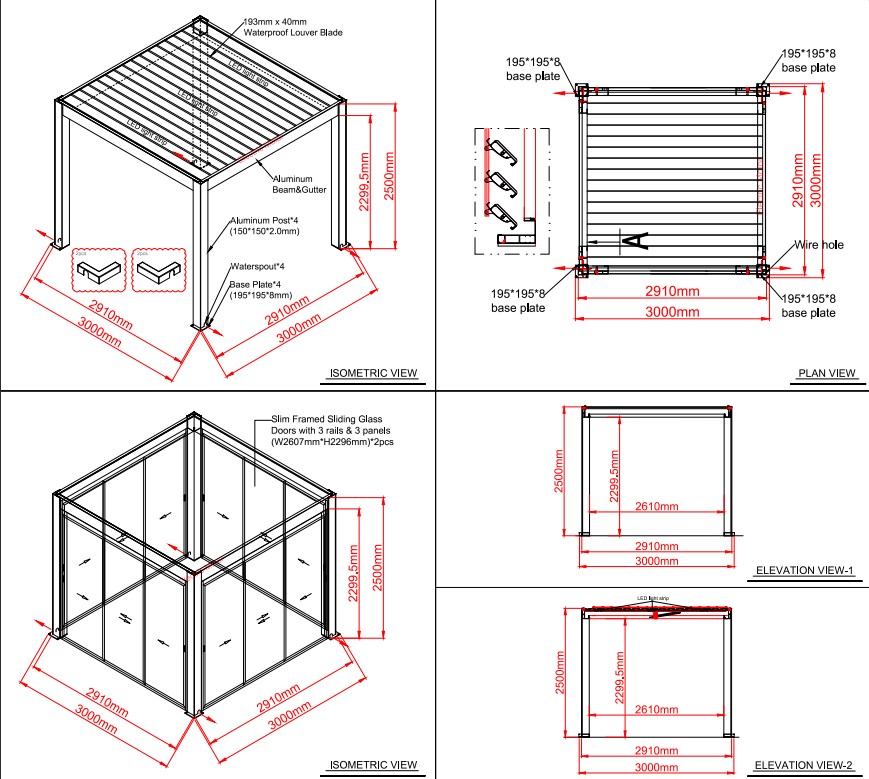 Mirage 3 x 3m bioclimatic pergola dimensions diagram showing roof, frame and glass panels
