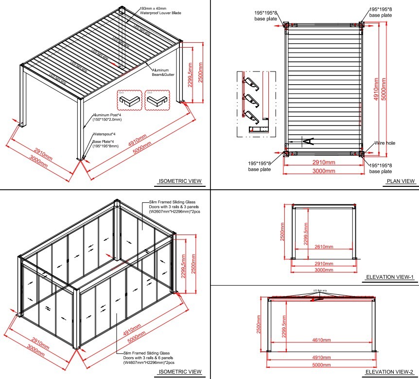 Mirage 5 x 3m bioclimatic pergola dimensions diagram showing louvred roof and glass panels
