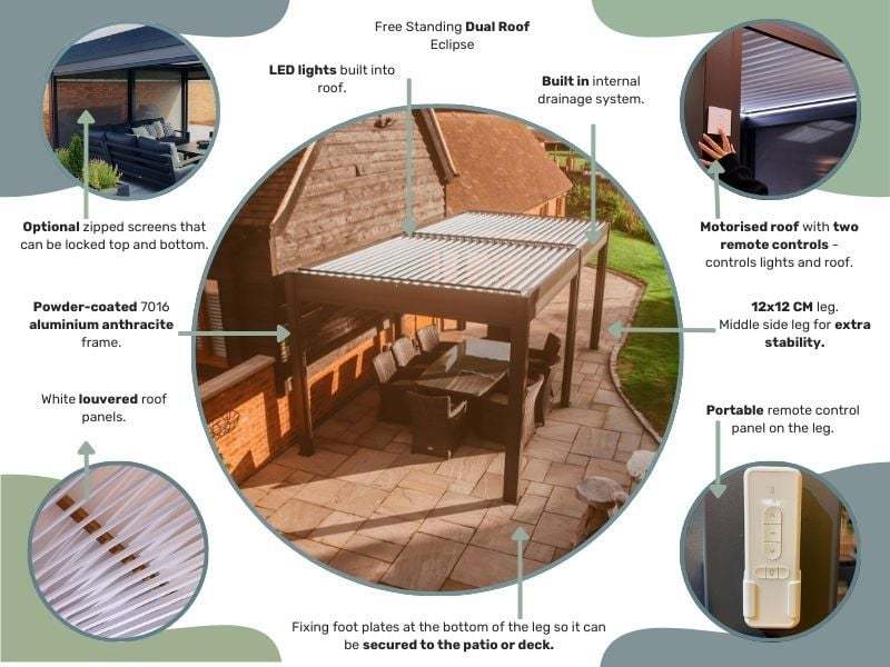 Eclipse 5 X 3.5m LED Motorised Pergola | Free Standing-Garden Furniture Centre-Free Install,HighRange,Free Standing,Gazebos,Metal Gazebos,Eclipse Louvered Roof Gazebo Range,Eclipse Range Ranges,Eclipse Range-{collection_title}