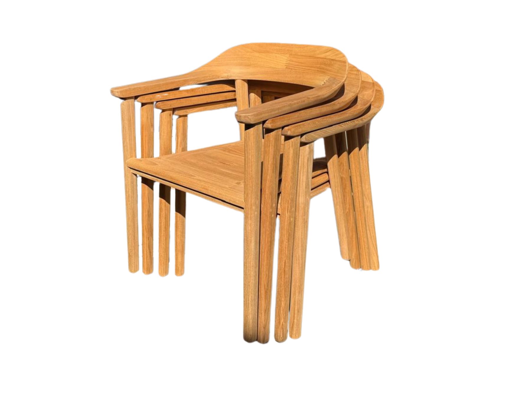 Stackable Veluta Curve FSC® certified solid teak outdoor dining chairs designed for space-saving garden storage