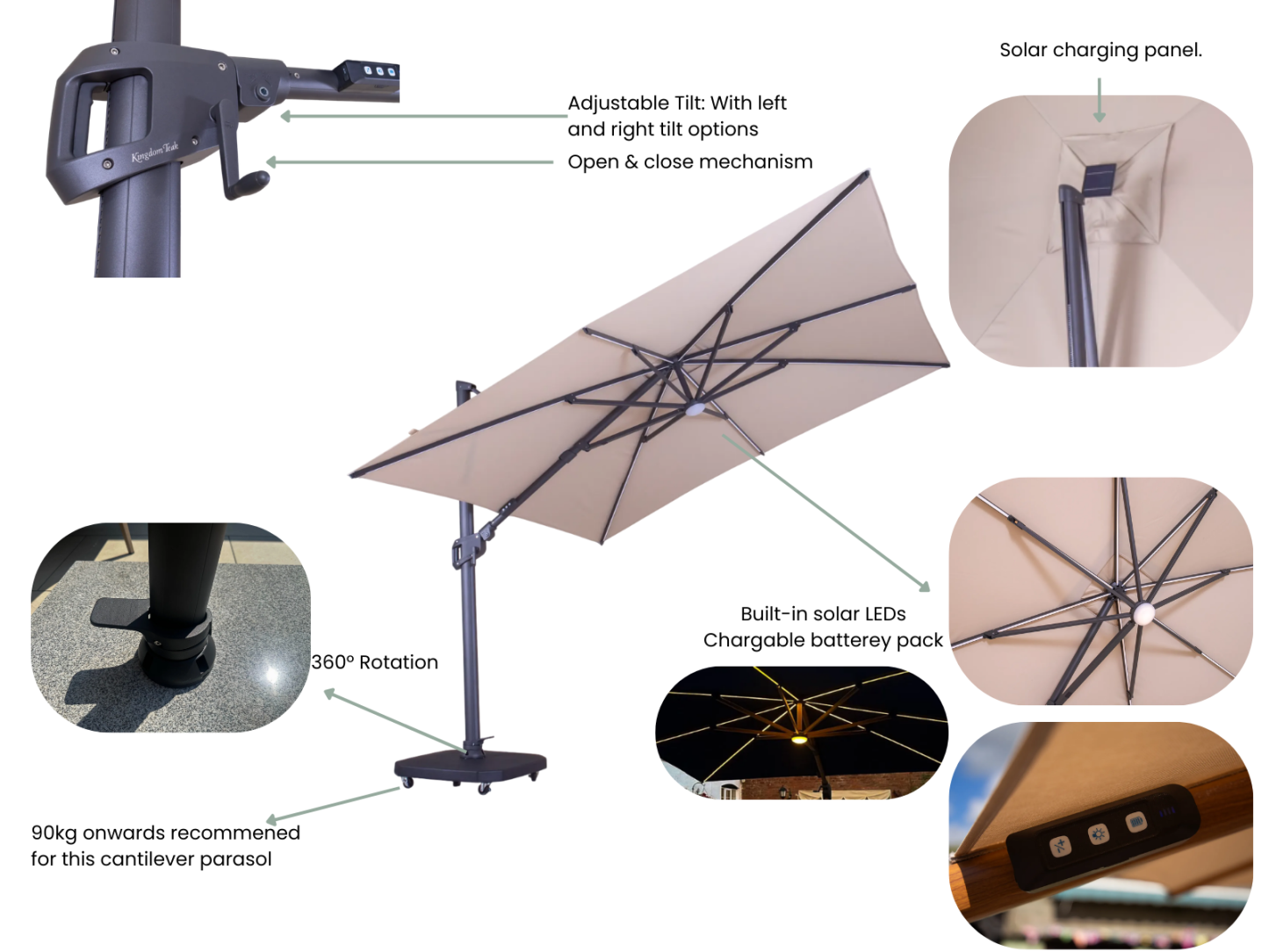 Sicily 3M Square Cantilever Parasol With LED Lights