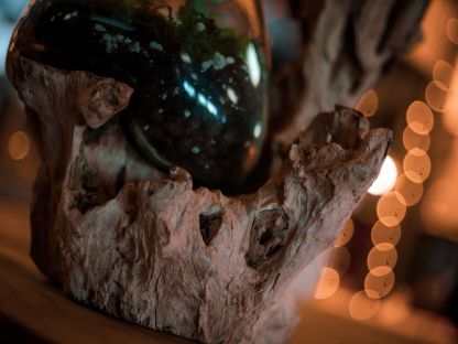Teak Root Stand With Blown Glass Holder