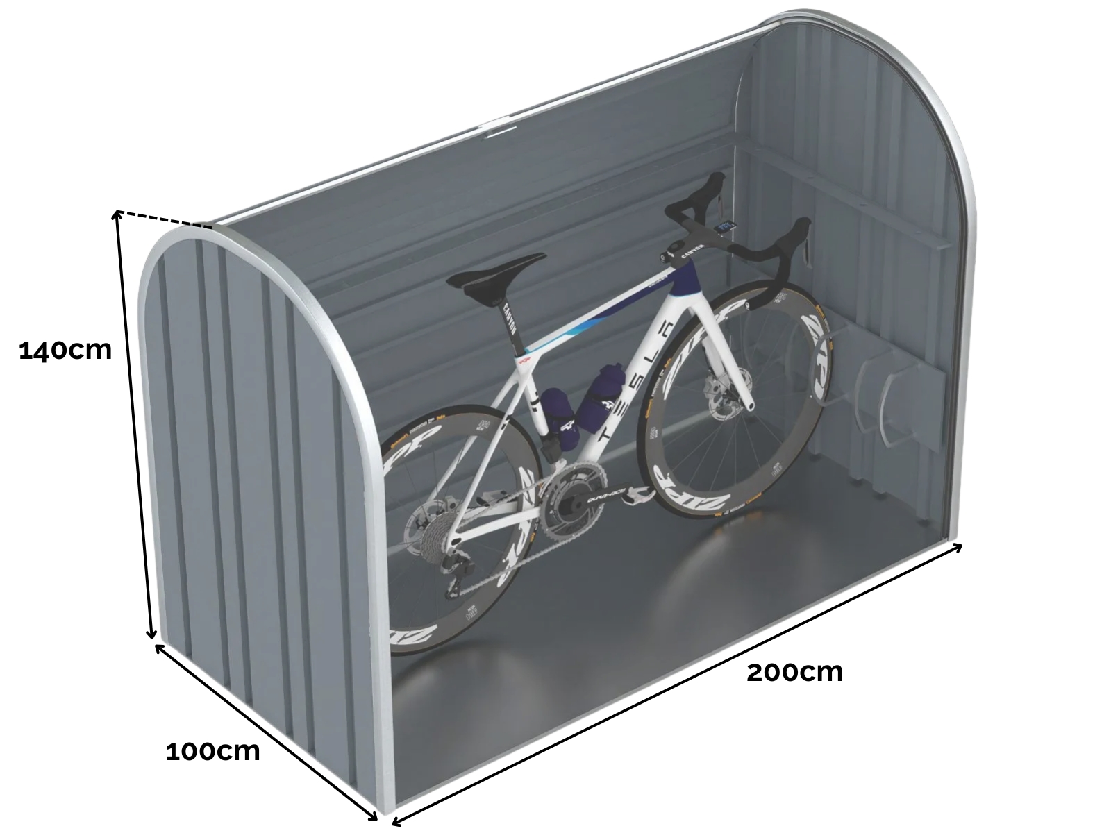 Anthracite roll-top metal bike store for two bikes with 200cm x 100cm x 140cm dimensions