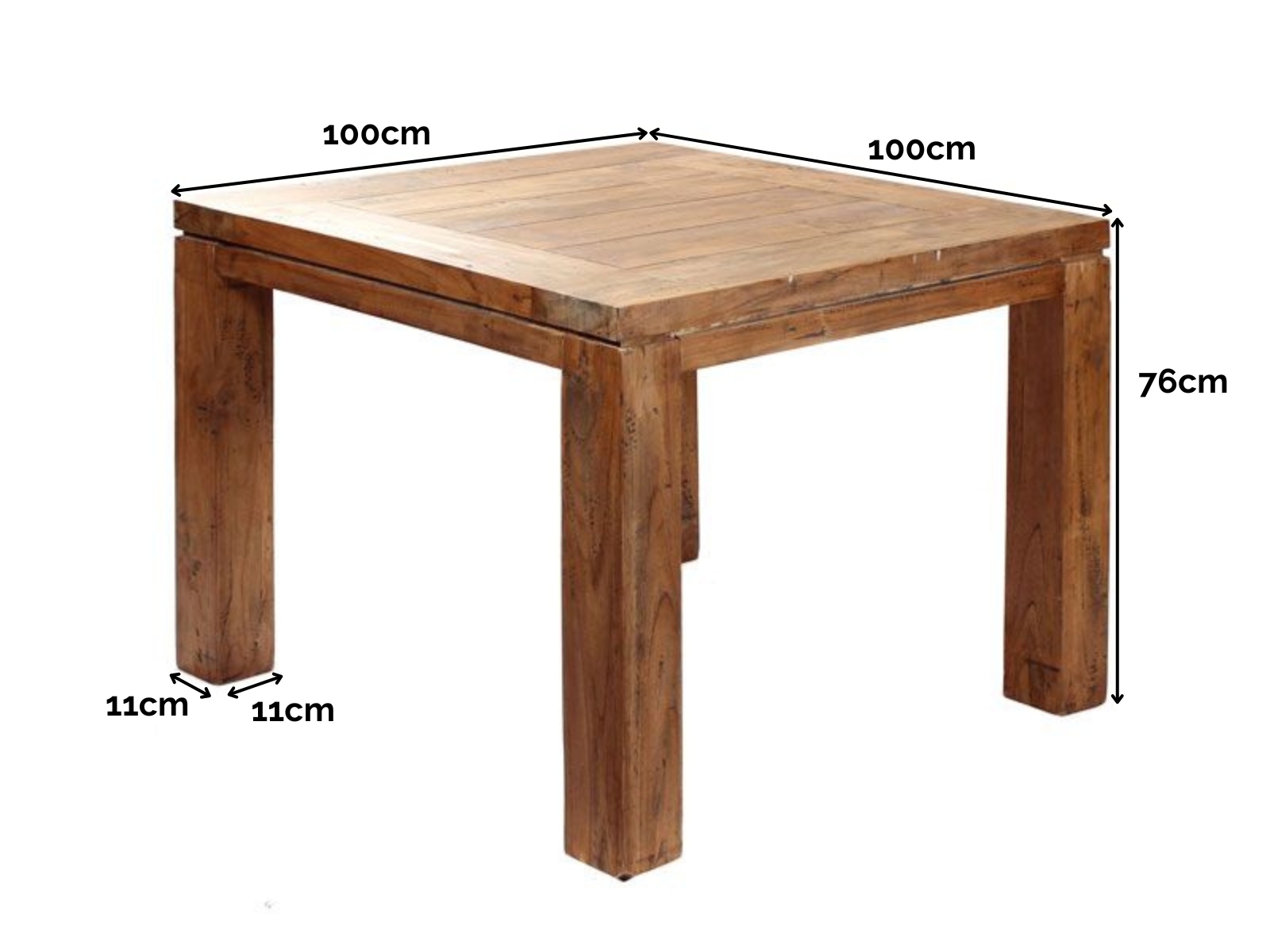 York 1m square reclaimed teak dining table dimensions 100cm x 100cm x 76cm with 11cm legs