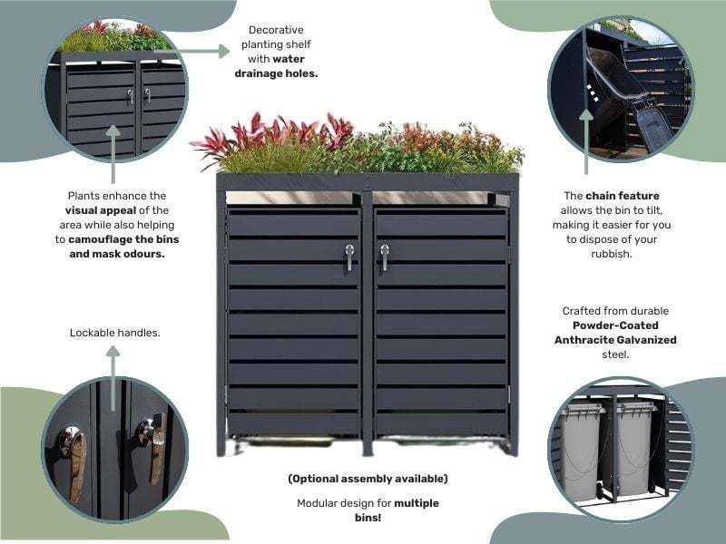Wholesale Anthracite Galvanized Steel Wheelie Bin Cover with Planter | Double