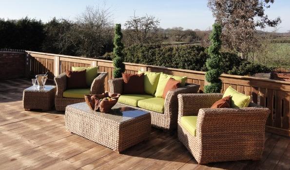 Montana Sofa Suite with Olefin Cushions in Lime Green and Burnt Orange.