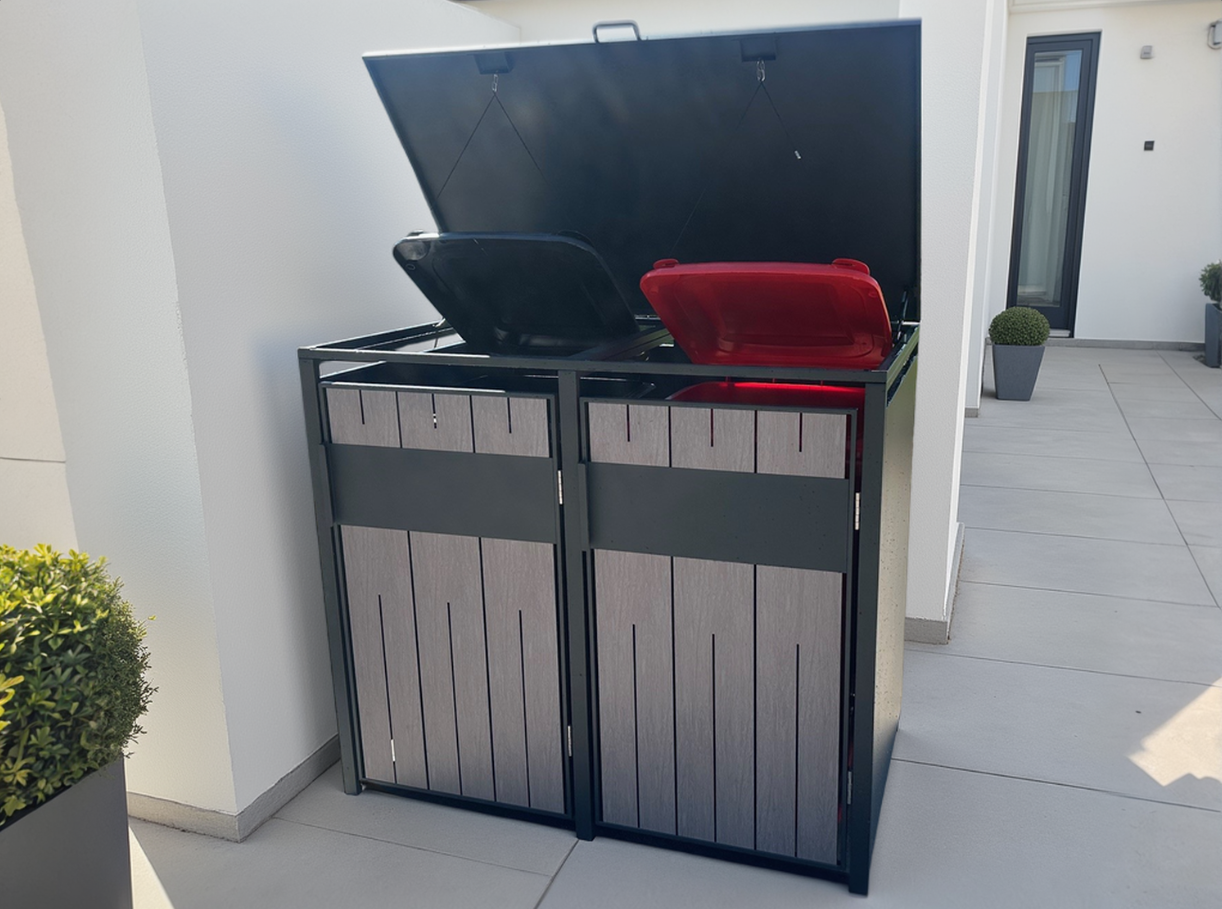 Grey Wood Effect Galvanized Steel Wheelie Bin Storage | Double-Garden Furniture Centre-MidRange,Wheelie Bin Covers,Wheelie Bin Storage,Top Opening,grey wood effect-{collection_title}