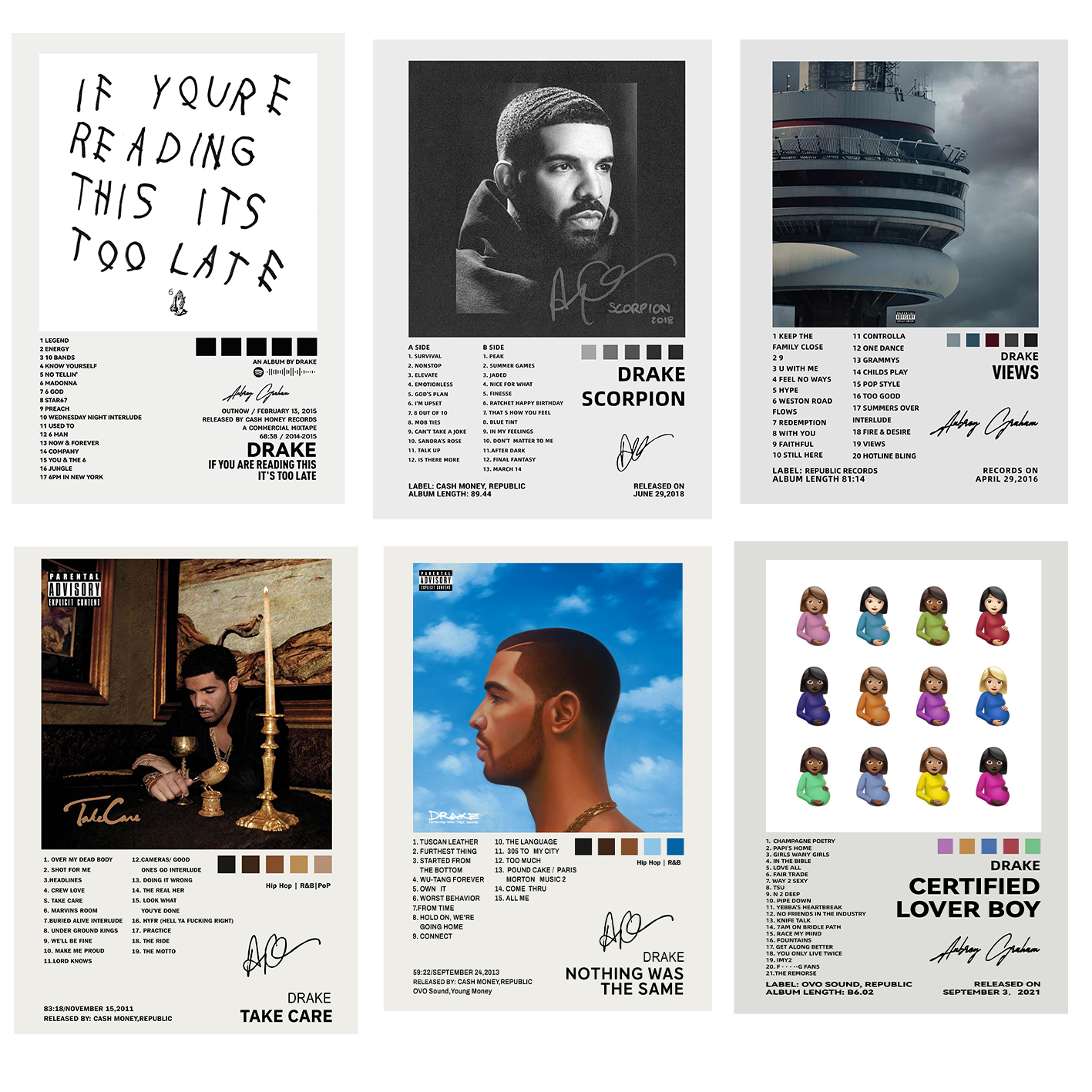 Pack of 6 Drake Album Poster