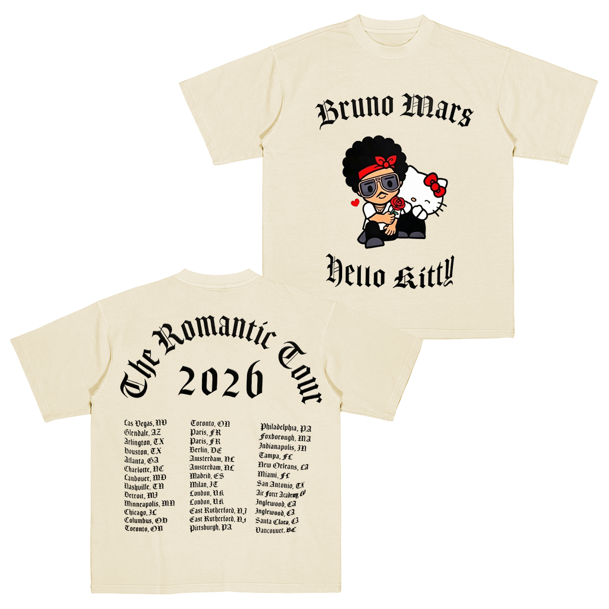 Bruno Mars Hello Kitty The Romantic Tour 2026 Cotton Unisex T-shirt