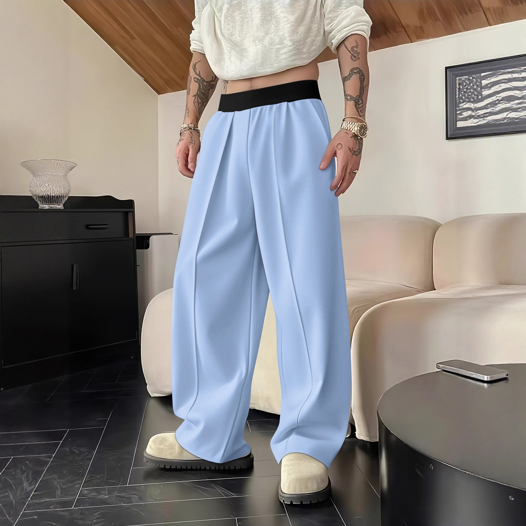Men's Solid Color Pleated Loose Wide-Leg Dress Pants Relaxed Fit Draped Straight-Leg Trousers with Elastic Waistband & Slant Pockets for Commuting Business Travel All-Season Wear - Formal