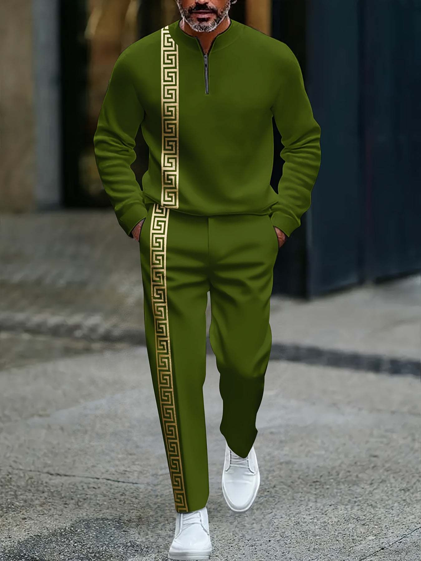 KZZ Men's fashion casual zipper stand up collar long sleeved pants set