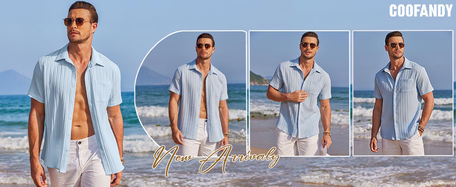 Coofandy Men's Casual Button Down Shirt - Navy Blue Textured Short Sleeve Fitted Collared Neck Summer Beach Top for Men - Canvas Coofandy Men's Casual Button Down Shirt - Navy Blue Textured Short Sleeve Fitted Collared Neck Summer Beach Top for Men - Canvas