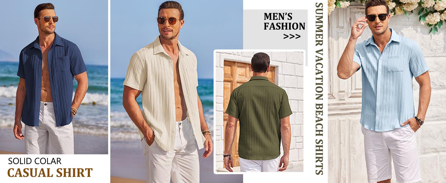 Coofandy Men's Casual Button Down Shirt - Navy Blue Textured Short Sleeve Fitted Collared Neck Summer Beach Top for Men - Canvas Coofandy Men's Casual Button Down Shirt - Navy Blue Textured Short Sleeve Fitted Collared Neck Summer Beach Top for Men - Canvas