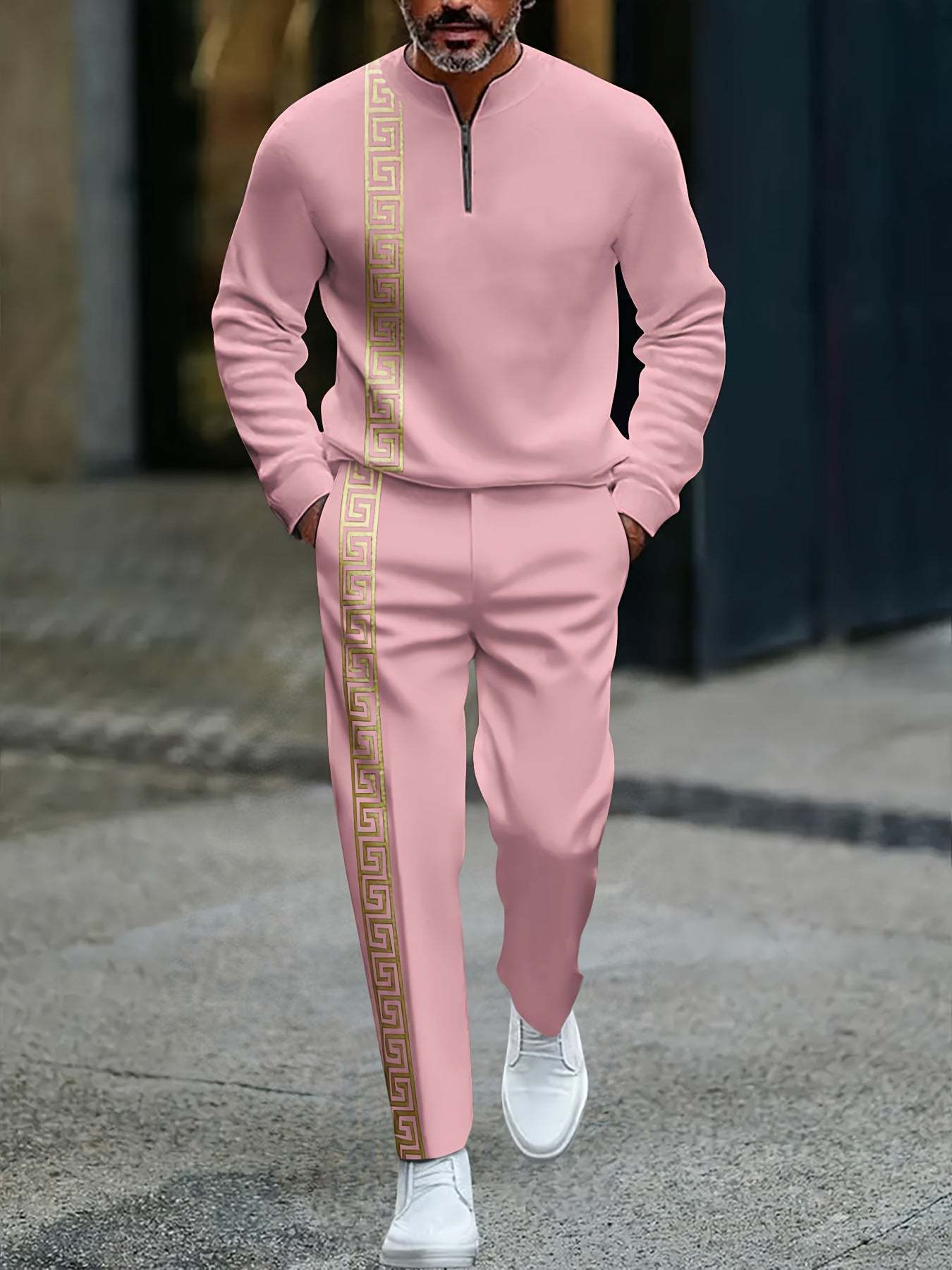 KZZ Men's fashion casual zipper stand up collar long sleeved pants set